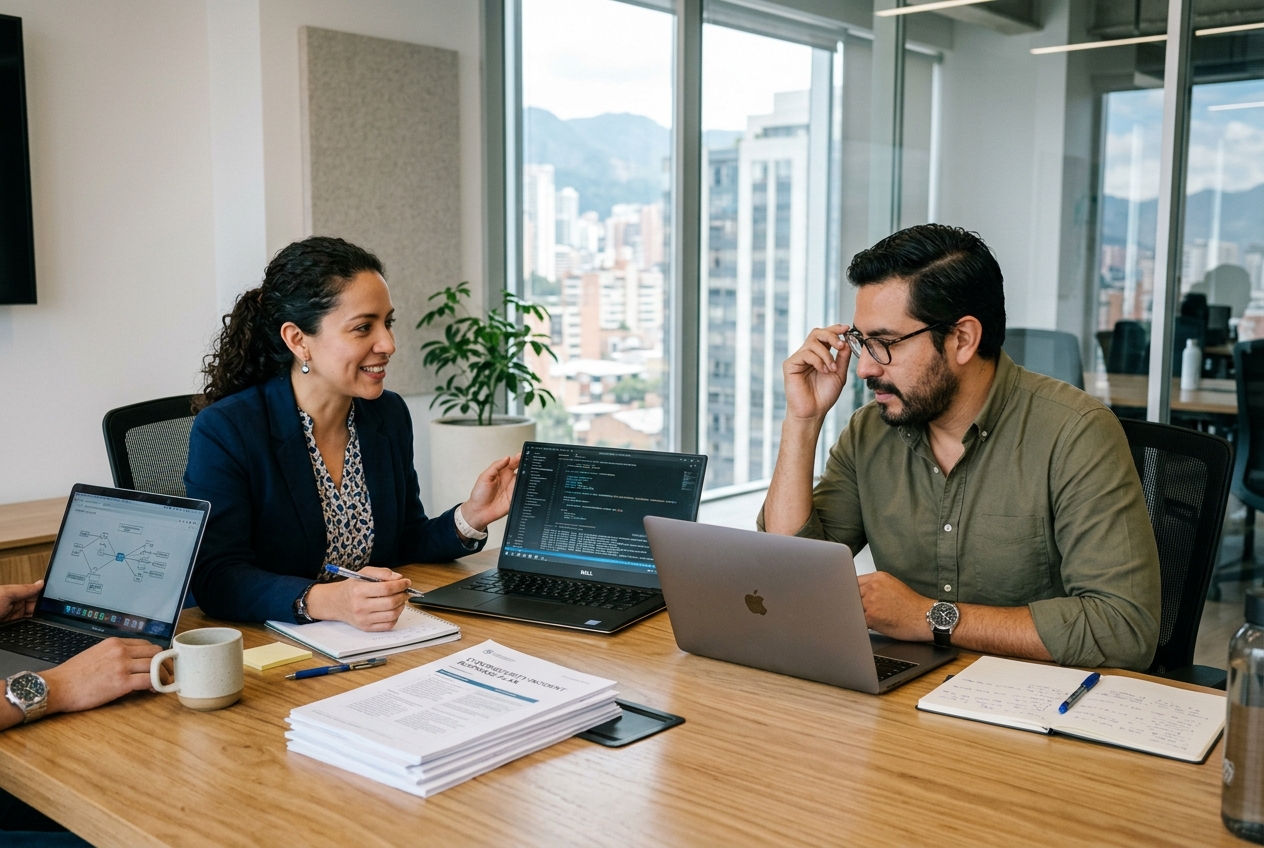 Especialistas y consultores en ciberseguridad corporativa y continuidad de TI en sesión estratégica